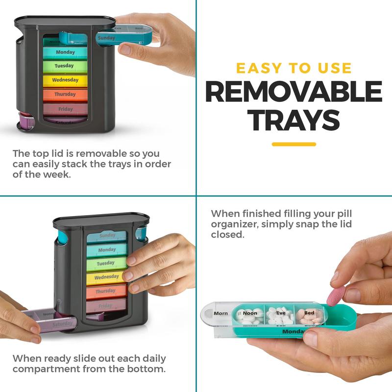 Weekly Pill Organizer, 1 Dispenser, 7 Stackable Compartments Four Times-a-Day - Morning, Noon, Evening, and Bedtime, Black