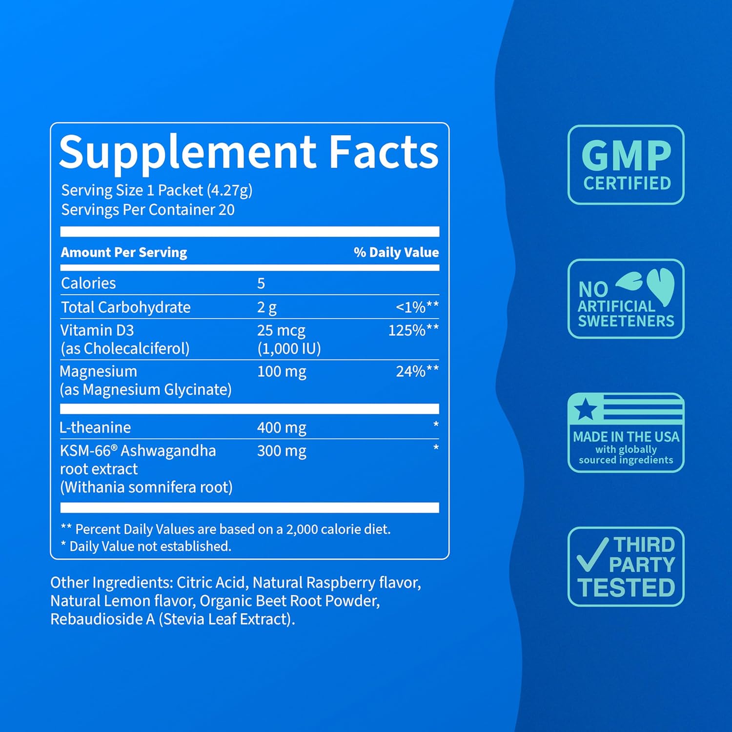 SUPERCALM Powdered Drink Mix | Raspberry Lemonade, L Theanine, Ksm-66 Ashwagandha, Magnesium Glycinate, Vitamin D 3, Supplements for Relaxation & Focus, No Sugar, Non GMO, On The Go, 20 Ct